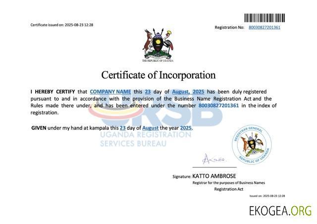 Modèle Word et PDF de certificat de constitution de société en Ouganda